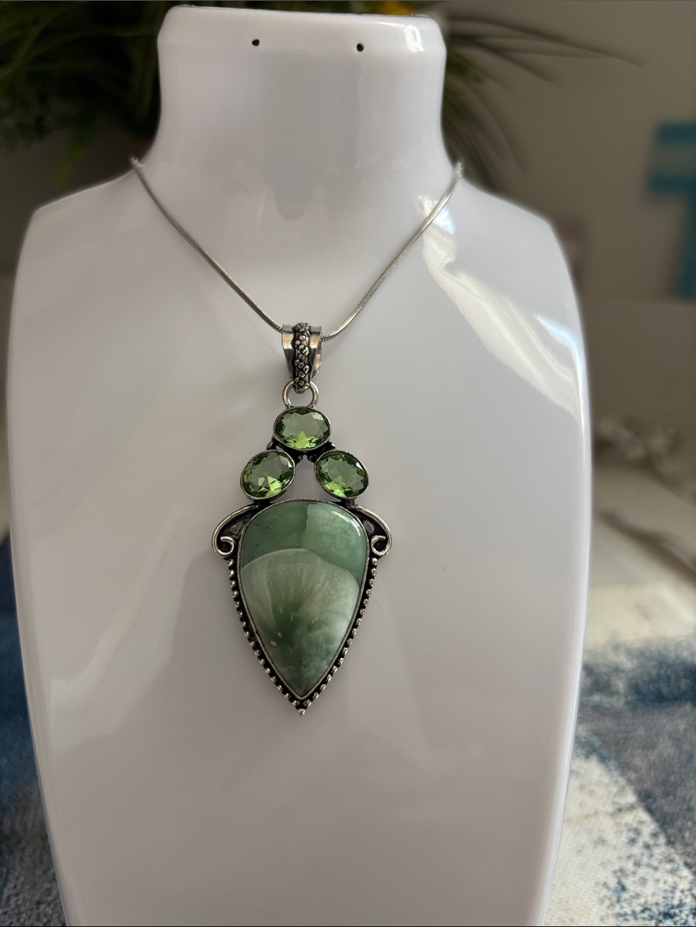 Sterling Silver Hemimorphite Larimar Peridot Gemstone Pendant Necklace